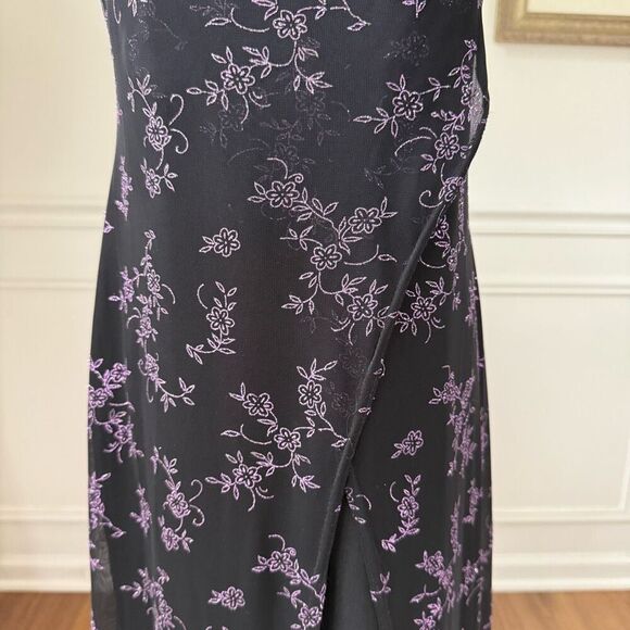 Vintage 90s Next Up Black Purple Glitter Flower Hi Lo Dress S - Picture 3 of 8